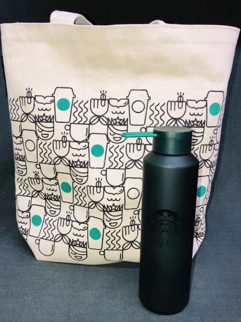 Starbucks Canvas Bag Artsy Siren Print and Tristan Emerald Green Soft Bottle